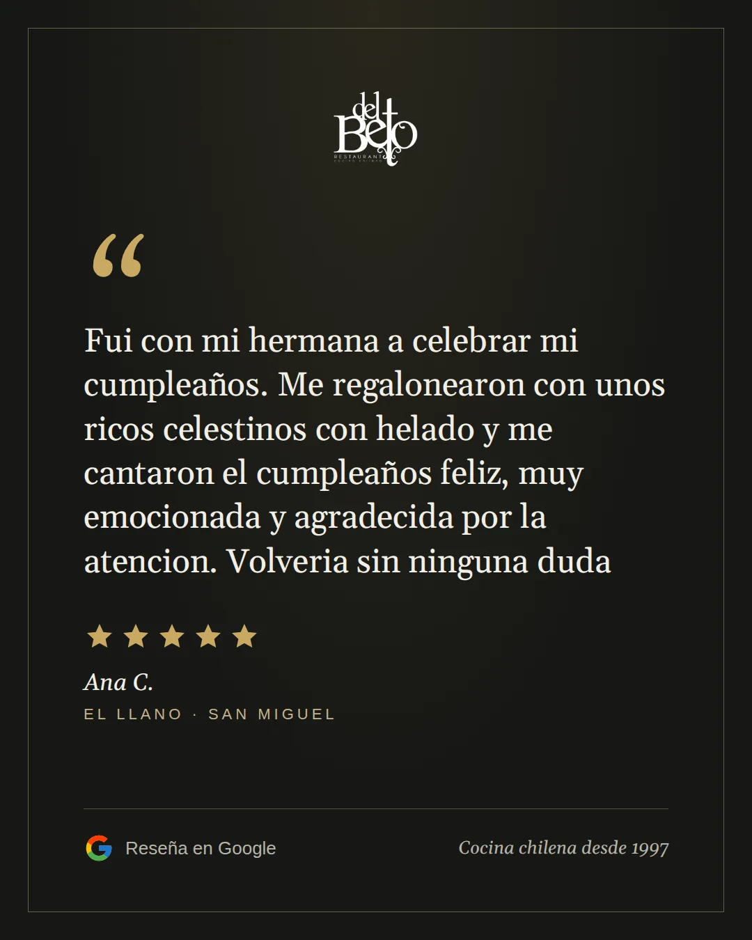 Reseña de Ana C. en Google, 5 estrellas: Fui con mi hermana a celebrar mi cumpleaños. Me regalonearon con unos ricos celestinos con helado y me cantaron el cumpleaños feliz, muy emocionada y agradecida por la atencion. Volveria sin ninguna duda